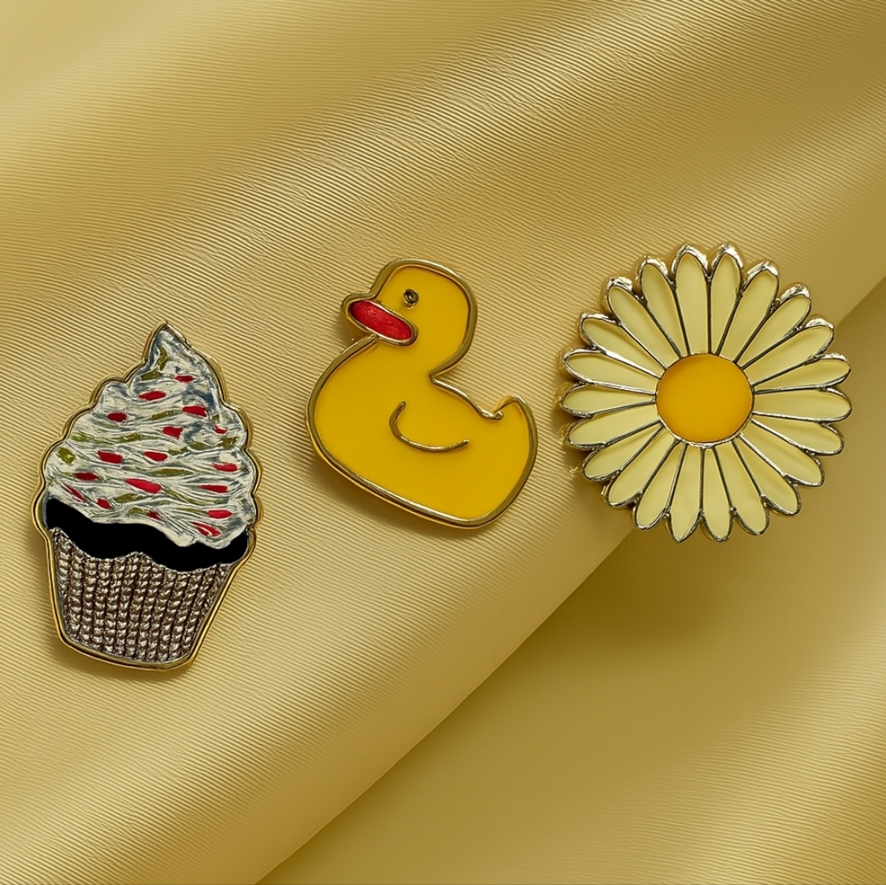 Cute Enamel Pins – Duck, Cupcake & Daisy Set for Whimsical Styling - Colorful